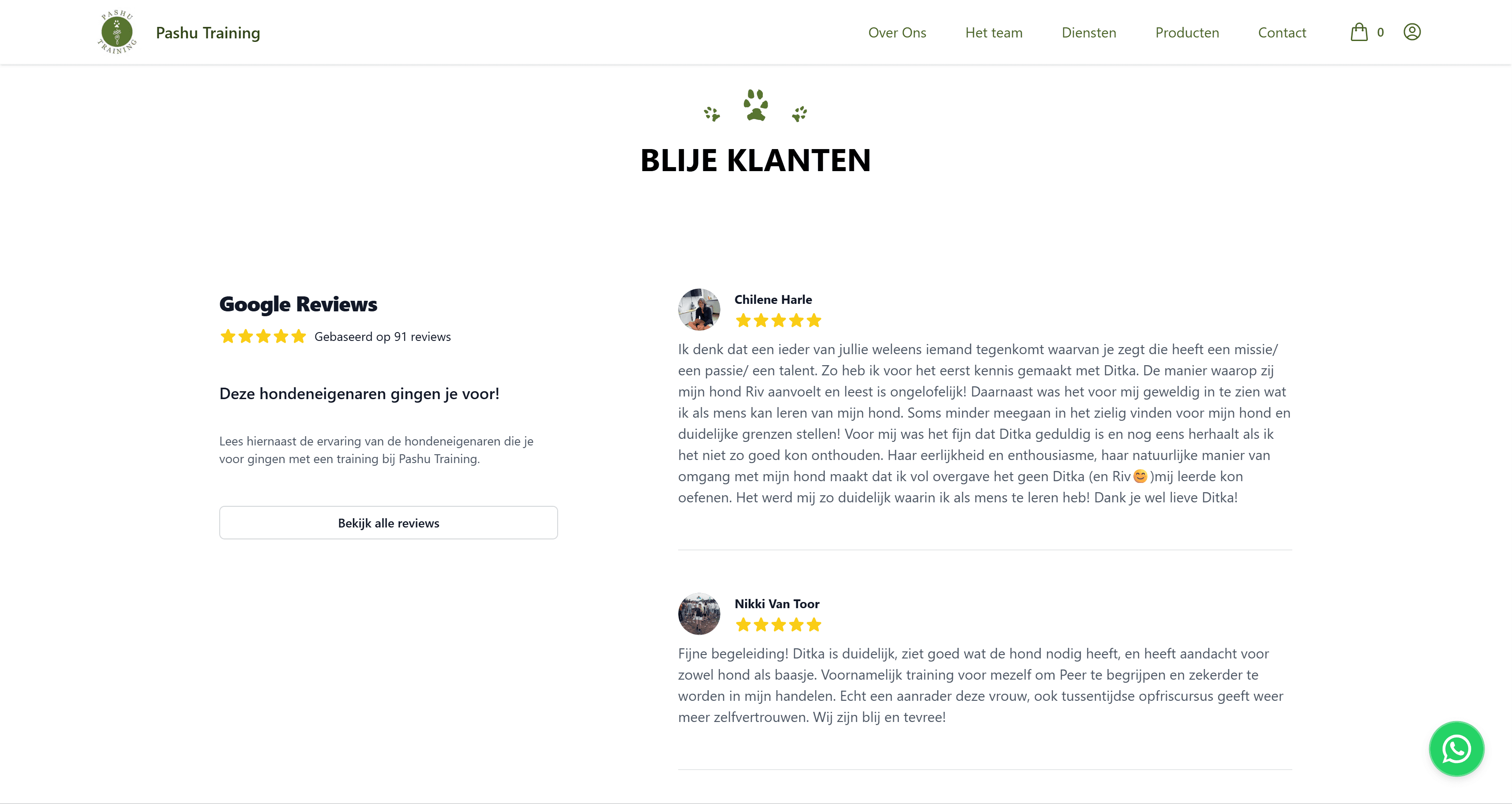 Google-reviews zoals ze via de koppeling op de site van Pashu Training verschijnen